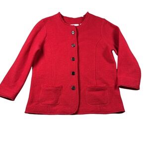 Alfred Dunner Cardigan Jacket Womens M Red Button Up Pockets Fringe Edges Wool
